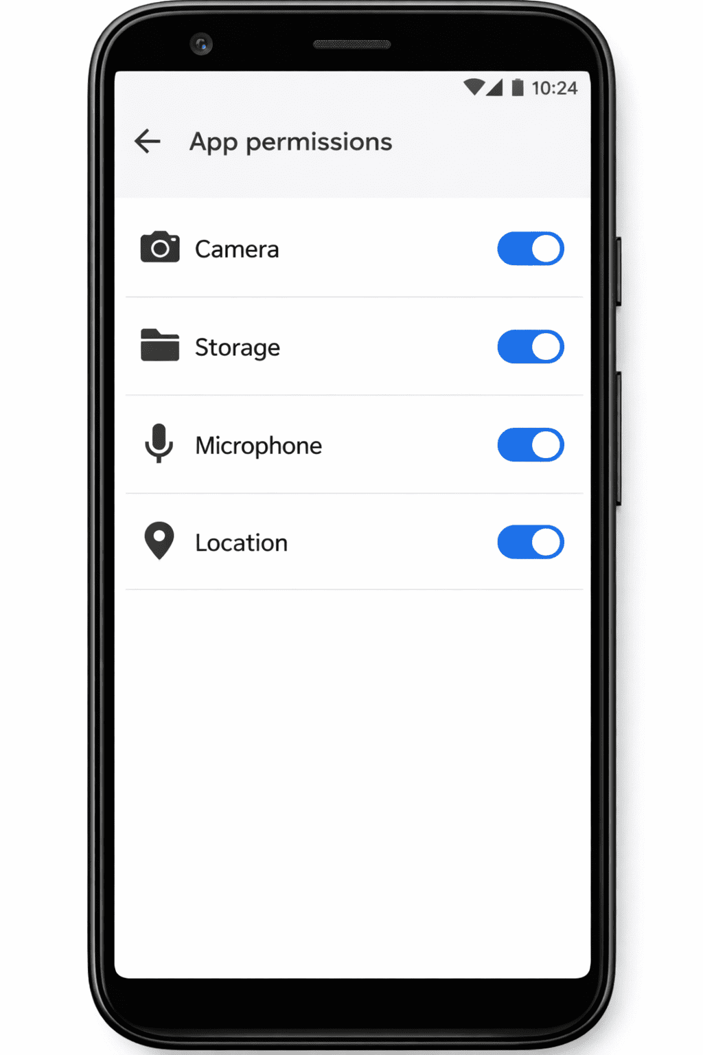 Android app permissions screen showing camera and storage enabled.