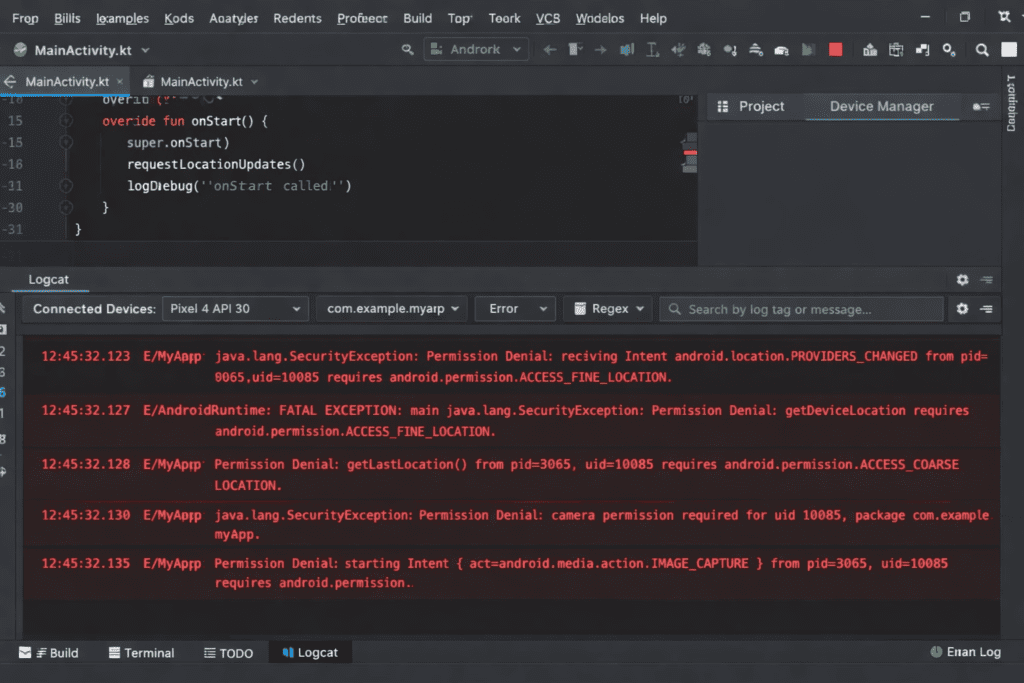 Android Studio logcat showing permission denial error