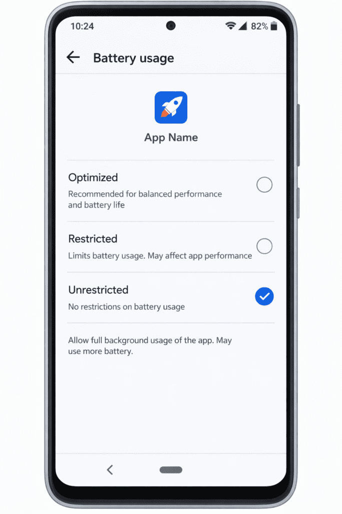Android battery optimization settings preventing background app killing