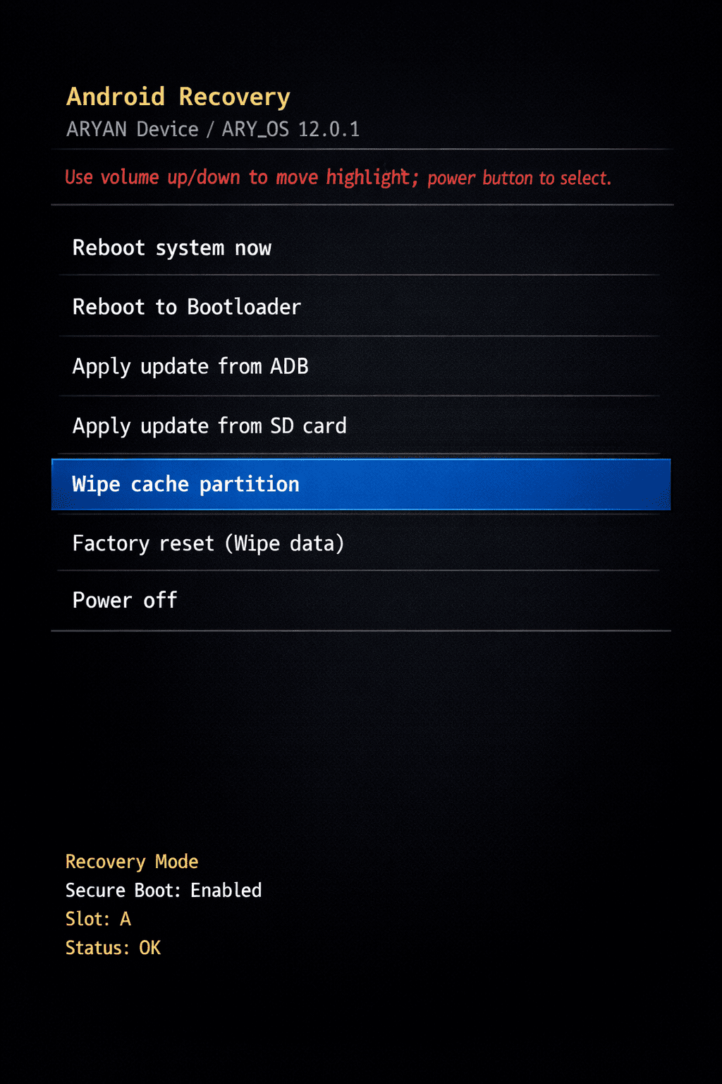 Android stuck in Safe Mode recovery mode screen showing wipe cache partition option