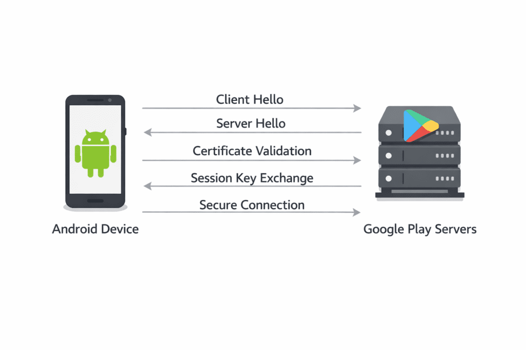 Diagram showing Android device TLS handshake with Google Play servers