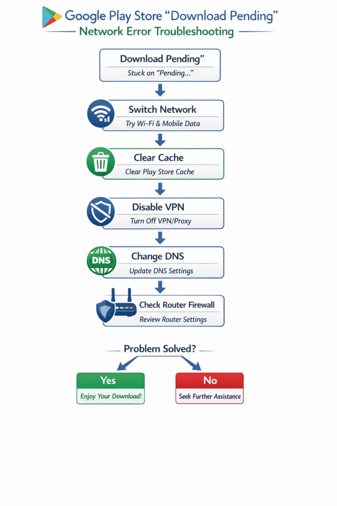 Flowchart troubleshooting Google Play Store download pending network issue